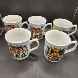 Set of 5 White Mugs with Colorful Folk Art House Designs Made In Japan